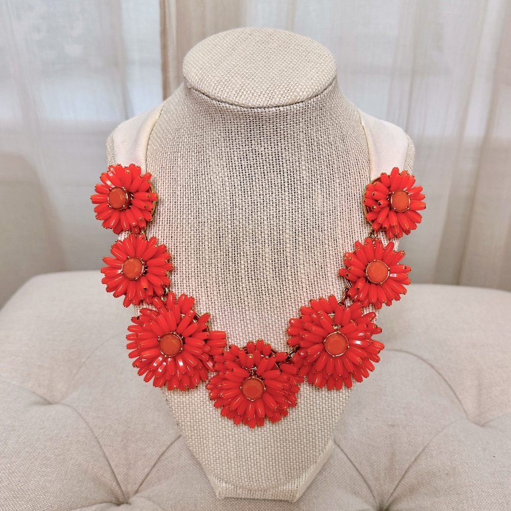 Kate Spade Coral Gerbera Garden Statement Necklace with Grosgrain ribbon tie